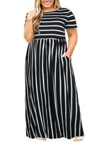 Nemidor Women Short Sleeve Loose Plain Casual Plus Size Long Maxi Dress with Pockets (Black Stripe, 22W)