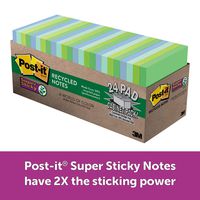 Post-it Super Sticky Recycled Notes, Cool Hues, 2X the Sticking Power, Call out Important Information, Large Pack, 67% Plant-Based Adhesive by Weight, 3 in. x 3 in, 24 Pads/Pack, (654-24SST-CP)