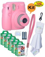 Fujifilm Instax Mini 9 Instant Film Camera + 20 Sheets of Instant Film + Lens Cleaning Cloth + Close-Up Selfie Lens + Wrist Strap | Batteries Included - Pink