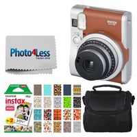 Fujifilm INSTAX Mini 90 Neo Classic Instant Camera (Brown) + Fujifilm Instax Mini Instant Film (20 Exposures) + Compact Camera Case + Sticker Frames Sports Package + Photo4Less Cleaning Cloth
