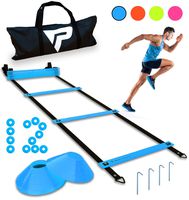 Pro Agility Ladder and Cones - 15 ft Fixed-Rung Speed Ladder with 12 Disc Cones for Soccer, Football, Sports, Exercise, Workout, Footwork Training - Includes 4 Stakes and Heavy Duty Carry Bag (Blue)