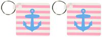 3dRose Nautical light blue anchor with coral red or pink sailor stripes pattern - Key Chains, 2.25 x 2.25 inches, set of 2 (kc_57473_1)