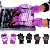 USB Heated Stripes Gloves for Men and Women Mitten, Unisex Knitting Wool Heated Gloves Hands Warmer Laptop Gloves Fingerless Washable (Purple)
