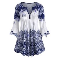 RUIVE Women's Vintage Floral Print Blouse Casual Half Sleeve Button V Neck Long Sweatshirt Ladies Plus Size Tops Blue