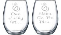 One Lucky Mr. and Soon To Be Mrs. Etched 15 oz. Stemless Wine Glasses Set - Engagment Gift Set
