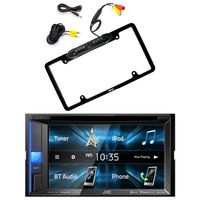 JVC Double Din Bluetooth In-Dash DVD/CD/AM/FM Car Stereo Receiver w/Touchscreen with Pyle PLCM16BP Car License Plate Frame Rear View Backup Camera