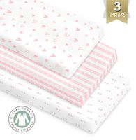 Cambria Baby 100% Organic Cotton Changing Pad Covers or Cradle Sheets with Reinforced Safety Strap Holes. Soft, Pre-Shrunk and Machine Washable. in a Pink/White Patterns for Girls. 3 Pack