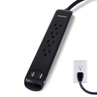 Philips 4 Outlet Power Strip Surge Protector, 2 USB Charging Ports, 3ft Power Cord, Flat Plug, Wall Mount, 450 Joules, ETL Listed, Black, SPP6242BC/37