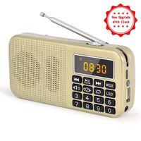PRUNUS J-725C Small Portable FM Radio with Alarm Clock and Emergency Flashlight, Micro-SD/TF/USB/AUX MP3 Music Player, 3000mAh Rechargeable Battery Operated, NO AM(Gold)