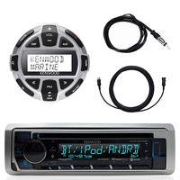 Kenwood Marine Motorsports Boat Yacht in-Dash Single DIN CD Bluetooth UBS AUX Receiver, Kenwood Digital LCD Display Wired Remote, 40" Enrock AM/FM Antenna, 7 Meter - 22 Ft Extension Cable