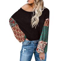 Shusuen Women's Casual Knit Pullover Crop Tops Boho Floral Print V Neck Long Sleeve Shirts Tops Loose Blouses Brown