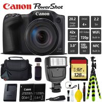Canon PowerShot SX420 is Digital Point and Shoot 20MP Camera + Extra Battery + Digital Flash + Camera Case + 128GB Class 10 Memory Card - International Version