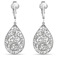 Aloha Earrings Lovely Victorian Filigree Clip On Earrings for Women Clip-ons, Lightweight Teardrop Leaf Dangle (Small Filigree- Silver)