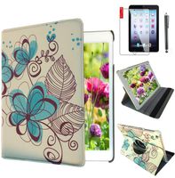 Ipad Case 360 Degrees Rotating Stand Leather Magnetic Smart Cover Case for Ipad 2/ 3/4 Generation Case with Bonus Screen Protector, Stylus and Cleaning Cloth ( Blue-Flower Design)