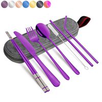 Annvchi Portable Utensils Set, Travel Silverware Portable Set with Case and Straw, Straight Straw, Knife, Fork, Spoon, Chopsticks, Cleaning Brush 8 Piece (PURPLE)