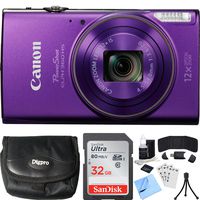 Canon PowerShot ELPH 360 HS Purple Digital Camera 64GB Card Bundle includes Camera, 64GB Memory Card, Reader, Wallet, Case, Battery, Mini Tripod, Screen Protectors, Cleaning Kit and Beach Camera Cloth