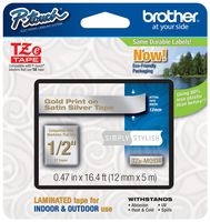 Genuine Brother 1/2" (12mm) Gold on Satin Silver TZe P-touch Tape for Brother PT-1750, PT1750 Label Maker