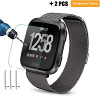 For Fitbit Versa 2 / Versa / Versa Lite / SE Women Men Small Large,+2 Tempered Glass screen protector, Loop Stainless Steel Metal Replacement Strap Unique Magnet Lock Accessories Wristbands (Black, L)