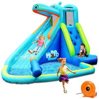 BOUNTECH Inflatable Water Slide, Hippo Themed Bounce House, Bouncer Park w/ Splashing Slide, Climbing Wall, Water Cannon, Including Carry Bag, Stakes, Repair Kit, Hose (with 740W Air Blower)