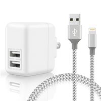 GUIGUI Phone Wall Charger 24W 3.1A Dual Port USB Travel Wall Charger Adapter with 6FT Cable Charging Cord for Phone X, 8, 8 Plus, 7, 7 Plus, 6s, 6s Plus, 6, 6 Plus, SE - Grey White