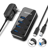RSHTECH USB C Hub Powered 4 Port USB Splitter Portable Aluminum Data Hub with Individual On/Off Switches (4-Ports)