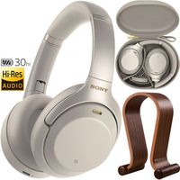 Sony WH1000XM3 Premium Noise Cancelling Wireless Bluetooth Headphones with Built in Microphone WH-1000XM3/S Silver + Deco Gear Wood Headphone Display Stand Holder + Protective Travel Carry Case