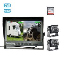 Dual Backup Cameras Kit with DVR,2 x HD 1080P 4Pin Car Front Rear View Camera ip69 Night Vision + 9" IPS AHD Split Monitor with SD Recording 12V~24V for Long Truck Bus RV Camper Vehicle