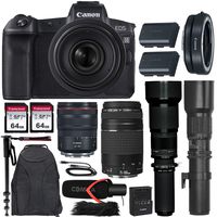 Canon EOS R Mirrorless Camera w/Extra Canon LP-E6N Battery Pack + 4 Lens Kit (RF 24-105mm f/4L USM + 75-300mm f/4-5.6 III + 500mm f/8 Preset + 650-1300mm Zoom) + Premium Accessory Bundle