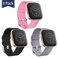 Maledan Bands Compatible with Fitbit Versa/Fitbit Versa 2/Fitbit Versa Lite Women Men, Breathable Woven Fabric Strap Replacement Band for Fitbit Versa Smart Watch, Small, 3 Pack Black/Light Gray/Pink