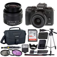 Canon EOS M5 Mirrorless Camera Body w/4K Video + Canon EF-M 15-45mm f/3.5-6.3 is STM + 64GB SDHC Memory Card + Canon 100ES Case + Tripod + Flash Reader Pen Blower Filter kit Tulip Hood - Value Bundle