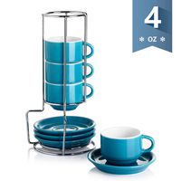 Sweese 405.107 Porcelain Stackable Espresso Cups with Saucers and Metal Stand - 4 Ounce - Set of 4, Steel Blue