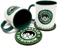 Espresso Patronum Mug/Coaster Gift Set - 2 11oz Grade A Quality Ceramic Two Tone Green/White Ceramic Mugs with 2 Cork Bottom 4mm Matching Coasters - Foam Packaging - Perfect Gift