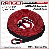 Ranger 1/4" x 50' Jacket UHMWPE Synthetic Winch Rope 7,500 LBs 6 MM x 15 M for UTV/ATV Winch