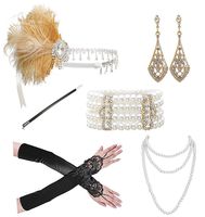 1920s Accessories Headband Necklace Gloves Cigarette Holder Flapper Costume Accessories Set for Women(set9)