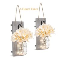 Mason Jar Sconces with LED - Fairy Lights,Vintage Wrought Iron Hooks, Silk Hydrangea Flower and LED Strip Lights Design for Home Kitchen Decoration Set of 2