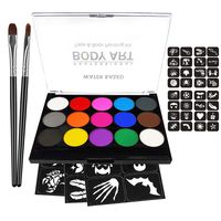 Face Paint Kit for Kids and Adults, Professional Quality Face Body Painting, 15 Vibrant Colors with 2 Brushes 32 Stencils, Hypoallergenic Safe Non-Toxic, Ideal for Halloween Party Cosplay Costumes