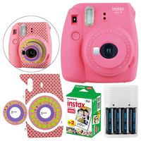 Fujifilm instax Mini 9 Instant Film Camera Flamingo Pink + Fujifilm Instax Mini Twin Pack Film (20 Shots) - Camera Sticker for Fuji Instax Mini Cameras + 4 AA Batteries & White Charger - Full Bundle