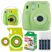 Fujifilm instax Mini 9 Instant Film Camera (Lime Green) + Fujifilm Instax Mini Twin Pack Film (20 Shots) - Camera Sticker for Fuji Instax Mini Cameras + 4 AA Batteries & White Charger - Full Bundle