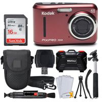 Kodak PIXPRO FZ43 Digital Camera (Red) + 16GB Memory Card + Deluxe Point and Shoot Camera Case + Extendable Monopod + Lens Cleaning Pen + LCD Screen Protectors + Table Top Tripod - Top Valued Bundle
