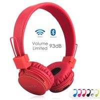Kids Bluetooth Headphones Foldable Volume Limiting Wireless/Wired Stereo On Ear HD Headset with SD Card FM Radio in-line Volume Control Microphone for Children Adults (Red)