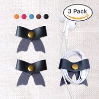 SenseAGE 3pcs Cord Organizer Earbud Holders Earphone Wrap USB Cable Clips, Earphone Winder with Leather - Bow Black