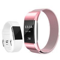 Replacement Bands Compatible for Fitbit Charge 2, Stainless Steel Metal Magnetic Strap and Extra Silicone Replacement Bands (Rose Pink + White Small)