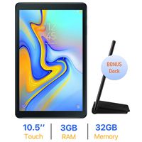 Samsung Galaxy Tab A 10.5'' Touchscreen (1920x1200) WiFi Tablet, 8-Core 1.8 GHz Qualcomm Processor, 3GB RAM, 32GB Memory, Bonus Pogo Charging Dock, Bluetooth, Android 8.0, Black, Choose Your MicroSD
