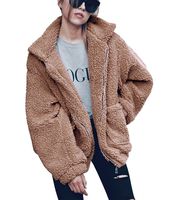 PRETTYGARDEN Women's Fashion Long Sleeve Lapel Zip Up Faux Shearling Shaggy Oversized Coat Jacket with Pockets Warm Winter (Khaki, Large)