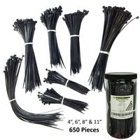 Electriduct Nylon Cable Tie Kit - 650 Zip Ties - Assorted Lengths 4", 6", 8", 11" - Black