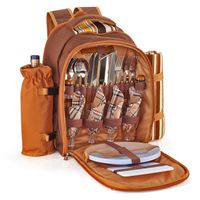 Flexzion Picnic Backpack Kit - Camping Bag Set for 4 Person with Cooler Compartment, Detachable Bottle/Wine Holder, Large Fleece Blanket, Plates and Flatware Cutlery for Family (Plaid Tartan - Brown)