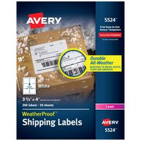 Avery WeatherProof Mailing Labels with TrueBlock Technology for Laser Printers 3-1/3" x 4", Box of 300 (5524)