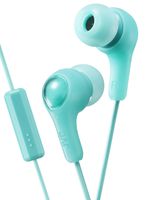GREEN GUMY In ear earbuds with stay fit ear tips and MIC.  Wired 3.3ft colored cord cable with headphone jack.  Small, medium, and large ear tip earpieces included.  JVC GUMY HAFX7MG