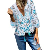 ❣❥HebeTop❥❣ Women Floral Print V Neck Button Decor Peasant Summer Swing Tunic Tops Shirts Blue