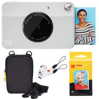 Kodak Printomatic Instant Camera (Grey) Basic Bundle + Zink Paper (20 Sheets) + Deluxe Case + Comfortable Neck Strap